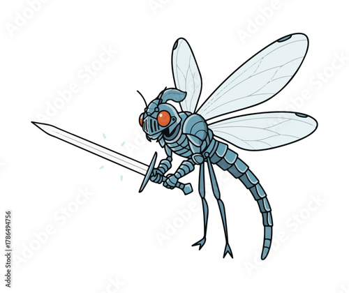 Brave knight dragonfly warrior in shining armor wielding a glowing sword, ready for epic fantasy adventure and mythical battle scenes