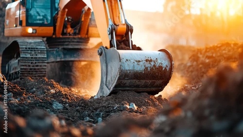 Excavator Digging Soil at Construction Site with Warm Sunlight, Heavy Machinery in Action, Earthmoving Equipment for Infrastructure Projects