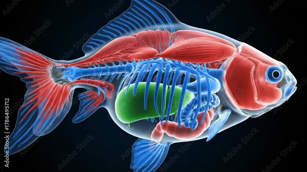 Illuminated x ray view of a fish showing the skeleton and internal ...