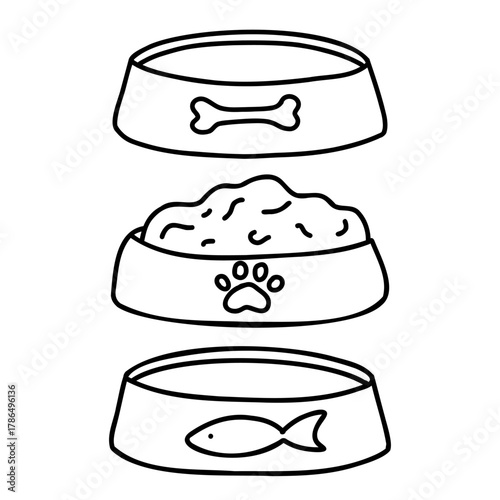 Hand drawn vector doodle set, food bowls for pets