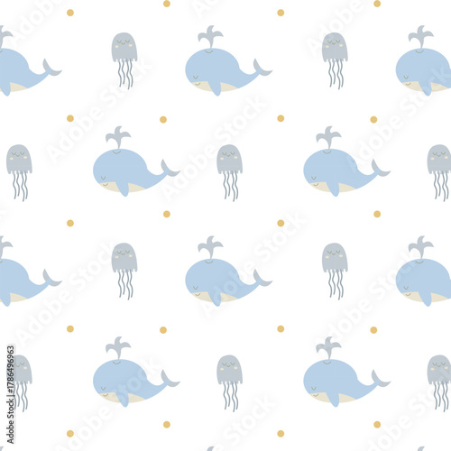 Cute pattern with whales and jellyfish for children's clothing and textiles