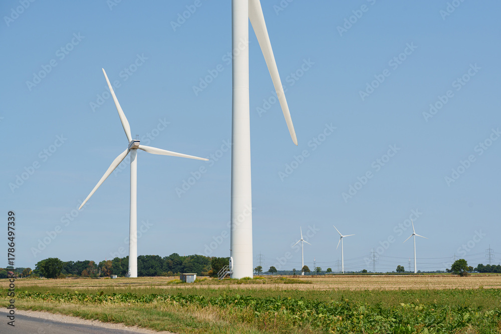 Fototapeta premium Tall white wind turbines standing in open farmland beneath bright blue skies