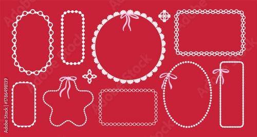 Set of white ribbon frames in vintage coquette style. Trendy decoration elements - lace and beads, bows for romantic designs, Christmas cards, wedding invitations, valentines. vector geometric design.