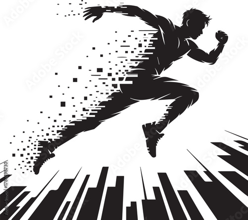 Black silhouette of a man running dissolving into pixels and abstract shapes running man