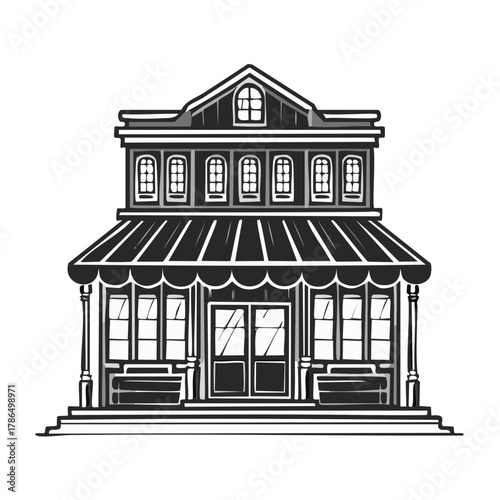 Black and white illustration of a classic shop front with a vintage design and awning