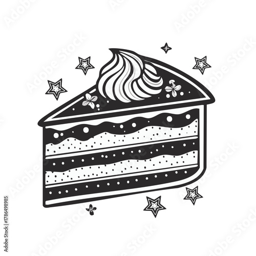 Whimsical Black and White Slice of Layered Cake with Stars and Flowers