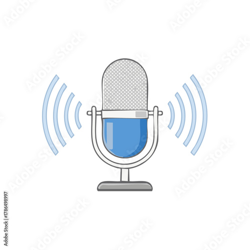 Retro microphone transmitting sound waves, a symbol for broadcasting, music, and podcasting