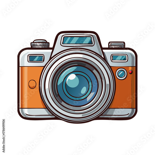 Retro style orange camera with a large lens captured head on with a distinct illustration style