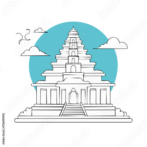 Minimalist Line Art Asian Temple Architecture with Clouds and Birds
