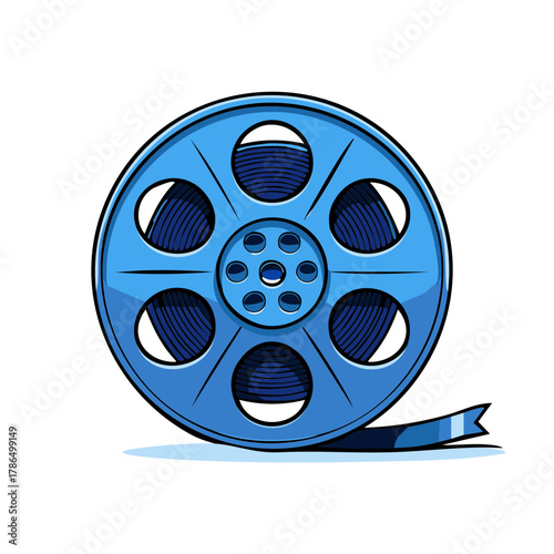 Vintage blue film reel with movie tape unwinding cinematic entertainment concept