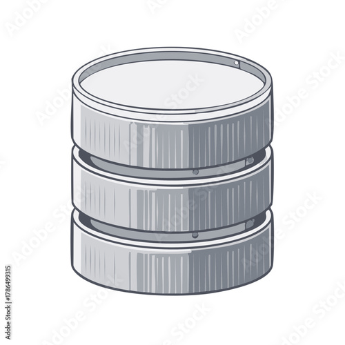Stylized illustration of three stacked metallic cylinders representing database storage