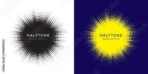 Halftone circle dotted frame circularly distributed set. Abstract dots logo emblem design element. Round border Icon using random halftone circle dot texture. Half tone circular background pattern.