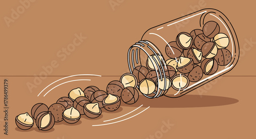 Jar Of Delicious Macadamia Nuts, Healthy Snack Illustration In Brown Tones, Food Concept
