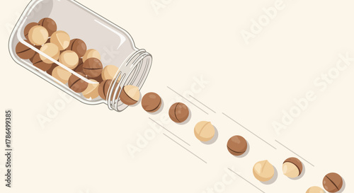 Jar Of Macadamia Nuts With A Beige Background And Some Falling Out
