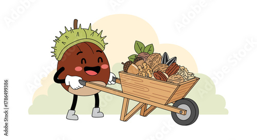 Joyful Acorn Character Carries Harvest of Nuts in Wheelbarrow with a Smiling Expression