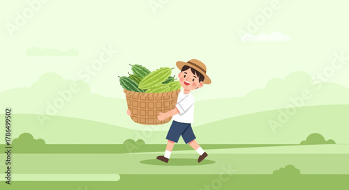 Joyful Boy Carries A Basket of Watermelons Through A Lush Green Landscape
