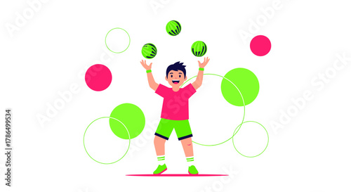 Joyful Boy Juggling Watermelons In Playful And Energetic, Vibrant Illustration