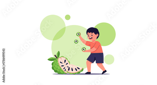 Joyful Boy Juggling Fruit, Playful Illustration Featuring Custard Apple, Healthy Eating