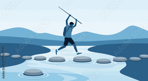 Silhouette Of Person Navigating River Stones In A Journey Toward Landscape