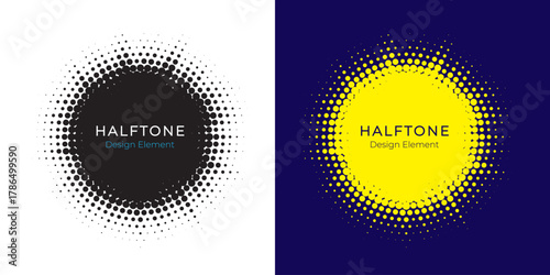 Halftone circle dotted frame circularly distributed set. Abstract dots logo emblem design element. Round border Icon using random halftone circle dot texture. Half tone circular background pattern.