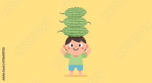 Joyful Child Balancing Vegetables, Depicting Fruit Abundance and Harvesting Season
