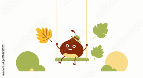 Joyful Chestnut Character Swinging Amongst Autumnal Elements In Playful Illustration