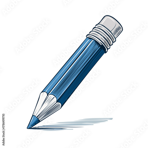 Illustrated blue pencil with eraser and shadow, stationery graphic