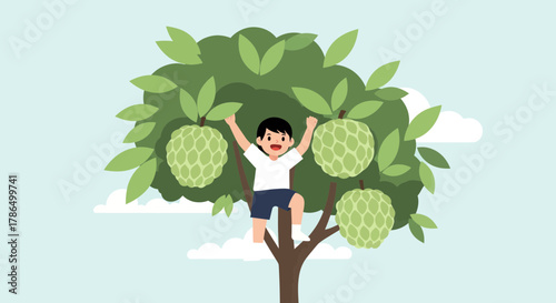 Joyful Child Climbing Tree Reaching For Ripe Fruit Under A Sunny Sky Illustration