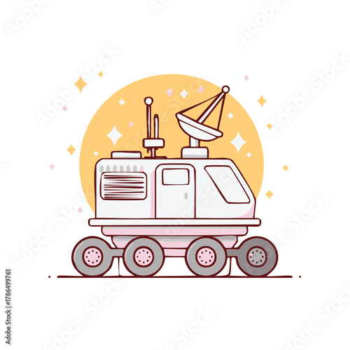 Cartoon illustration of a rover with a satellite dish and antennas.