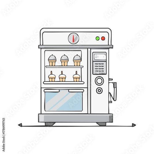 Illustration of a commercial convection oven with baked cupcakes inside