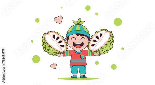 Joyful Child Holding Lucuma Fruit, Representing Healthy Eating and Happiness