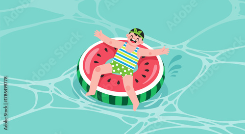Joyful Child Floats on Watermelon Ring in Radiant Summer Swimming Pool Day
