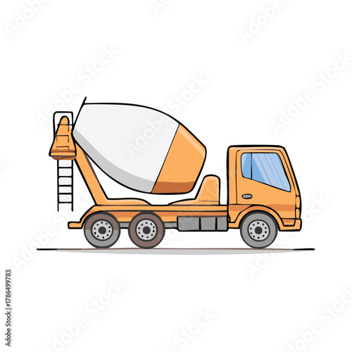 Orange Cement Mixer Truck Cartoon Illustration Side View Construction Vehicle