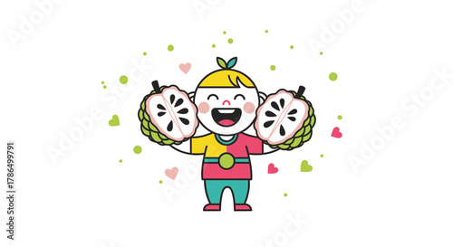 Joyful Child Holding Custard Apples Showcasing Delightful Fruity Cartoon Illustration