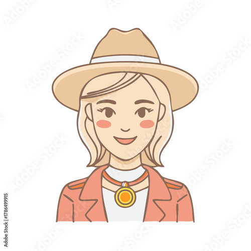 Cartoon woman with blond hair wearing a fedora hat and coral jacket with a medallion necklace