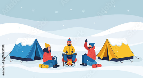 Snowy Camping Adventure: Friends Gathering Around Campfire for Winter Expedition