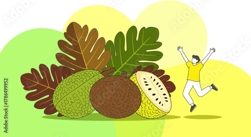 Joyful Illustration Featuring Tropical Fruits, Leaves, And An Energetic Person