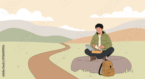 Solo Journey: Man Hikes, Enjoys Lunch and Embraces Nature's Serenity