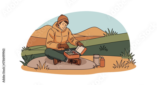 Solo Adventurer Enjoying A Delicious Meal During A Scenic Outdoor Hiking Break