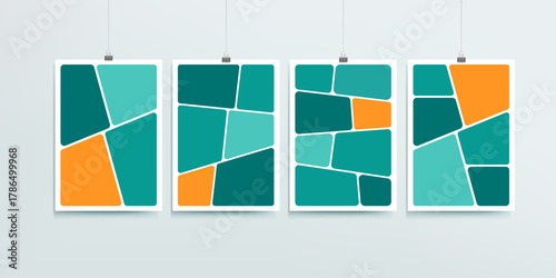 Photo collage frames mockup and abstract modern art posters set. Empty page frame for comic book, photo collage, abstract contemporary art posters on wall background. Picture frames. Editable vector