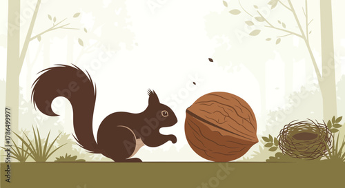 Squirrel Contemplating Large Walnut In Forest Scene For Food and Survival Illustration