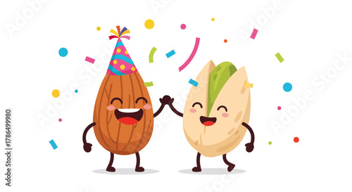 Joyful Nut Buddies Celebrating Party, Colorful Confetti, Happy Almond And Pistachio