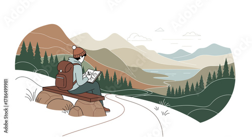 Solo Traveler Capturing Serene Landscape Views Through Art Amidst Majestic Mountains