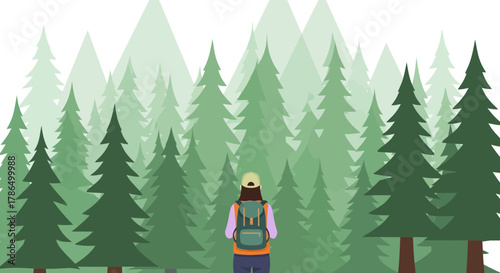 Solo Hiker Immersed in Forest Amidst Towering Green Trees For Outdoor Adventure