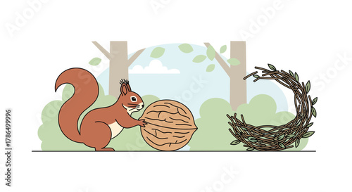 Squirrel Pushing Enormous Walnut Towards A Nest In A Forest Scene Illustration