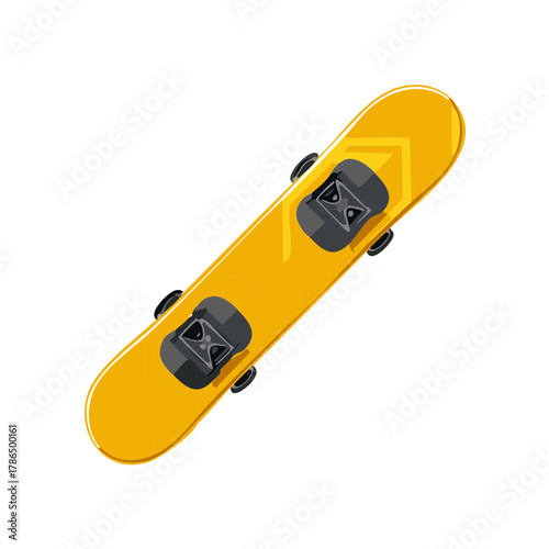 Isometric illustration of a bright yellow snowboard with bindings