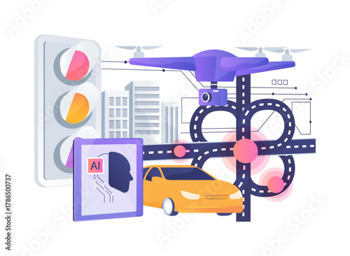 AI Traffic Control Drones abstract concept vector illustration.
