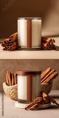 Stylish mockup of a cinnamon-scented candle in a glass jar with cinnamon sticks arranged around it on neutral backgrounds