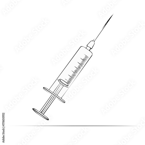 Medical syringe with sharp needle in hand drawn sketch style on white