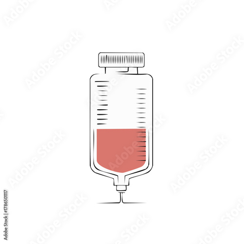 Medical IV drip bag with red liquid and measurement lines illustration